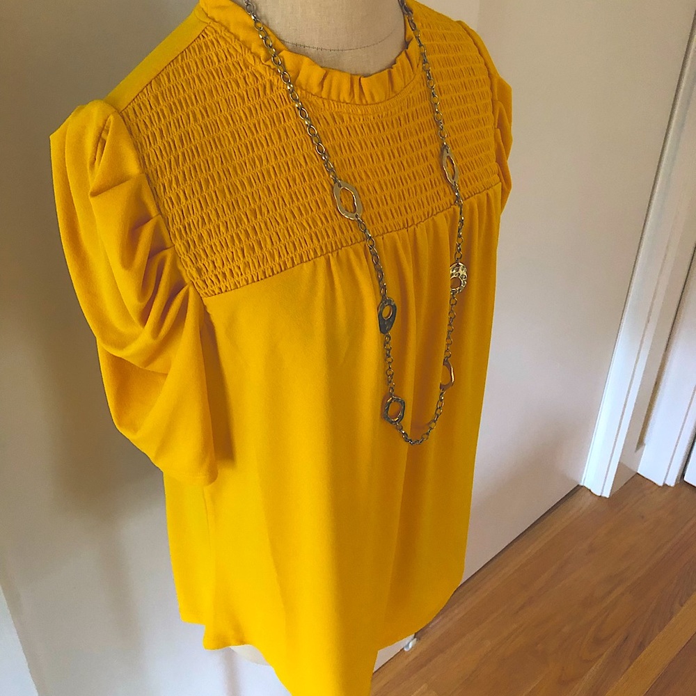 NWT Adrianna Papell Sunflower Yellow Smocked Yoke Ruffle Top, size M